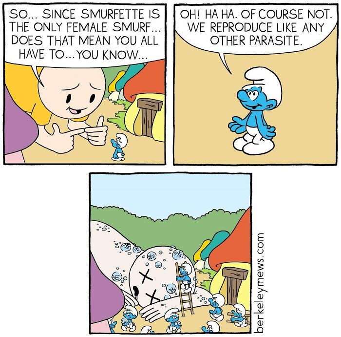 Comics showing a humorous twist on Smurf reproduction, with tiny Smurfs climbing a giant.