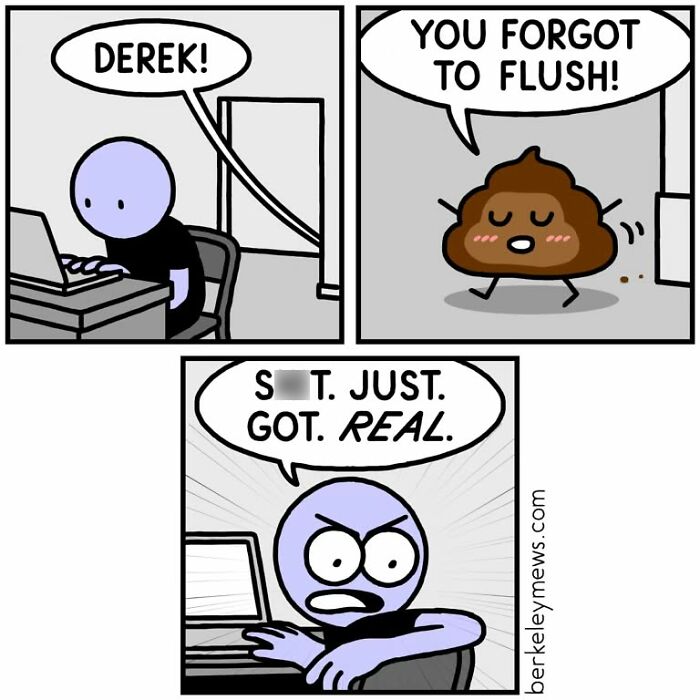 Comic character reacting to animated p**p reminding them to flush; a scene for twisted sense of humor comics.