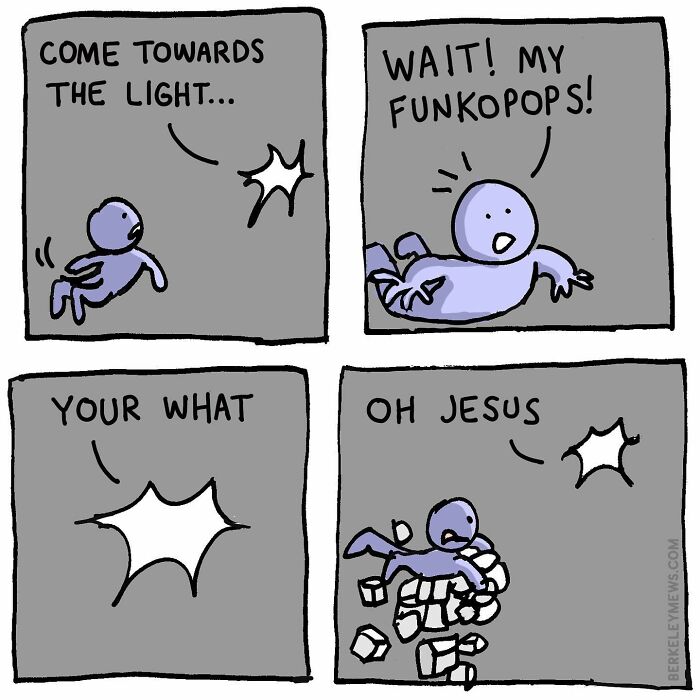 Comic illustration with a character hilariously chasing Funkopops instead of heading towards the light.