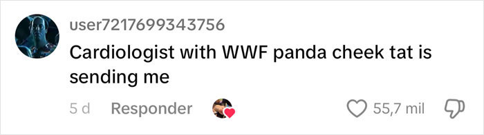 Text screenshot about a cardiologist with a WWF panda tattoo, highlighting a tattoo's unexpected permanence. Text screenshot about a cardiologist with a WWF panda tattoo, highlighting a tattoo's unexpected permanence.