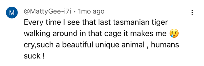 Comment about the last Tasmanian tiger and mass extinction, expressing sadness with a crying emoji. Comment about the last Tasmanian tiger and mass extinction, expressing sadness with a crying emoji.