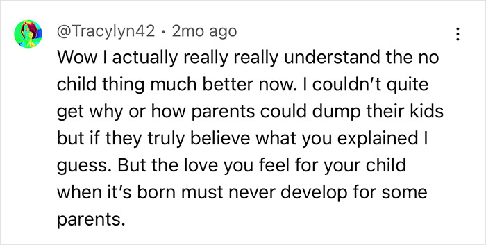 Text from a social media comment about understanding parental decisions and child love. Text from a social media comment about understanding parental decisions and child love.