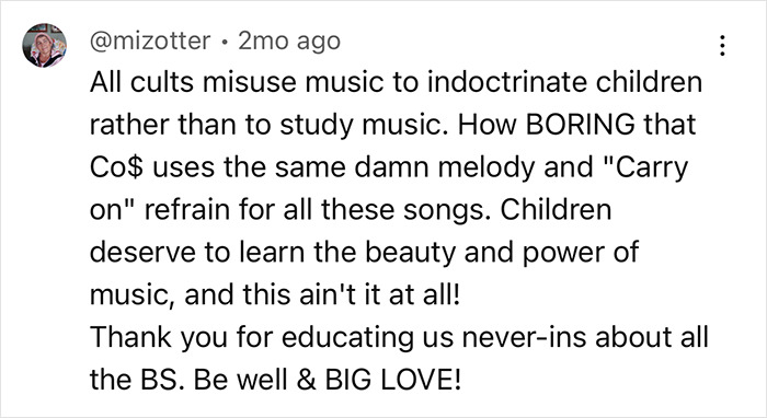 Ex-Scientologist comments on music misuse for child indoctrination, mentioning the repetitive use of melodies and themes. Ex-Scientologist comments on music misuse for child indoctrination, mentioning the repetitive use of melodies and themes.