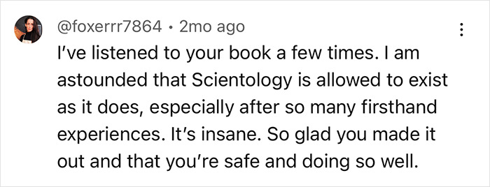 Comment discussing Scientology, mentioning disbelief at its existence and relief that the author is safe. Comment discussing Scientology, mentioning disbelief at its existence and relief that the author is safe.