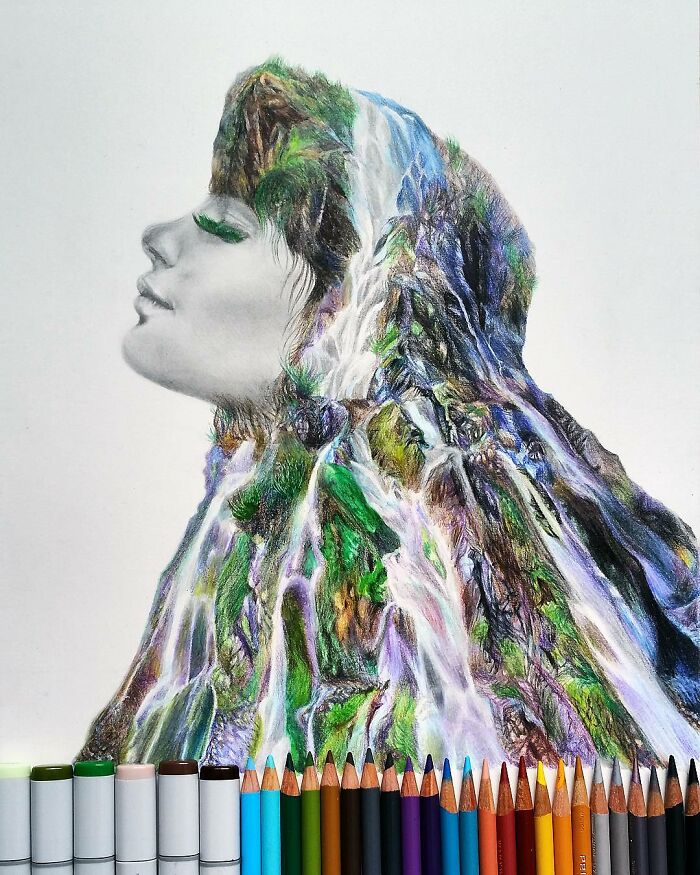 Hyper-realistic pencil drawing of a woman's profile blending into a vibrant landscape with flowing waterfalls.