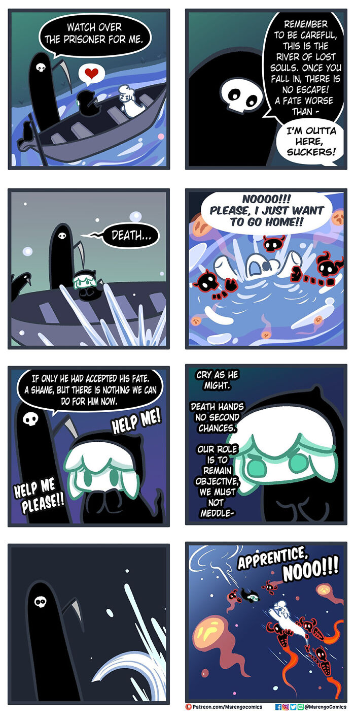 Comic depicting Death and its apprentice in a boat, facing a sad and tense situation on a river of lost souls. Comic depicting Death and its apprentice in a boat, facing a sad and tense situation on a river of lost souls.