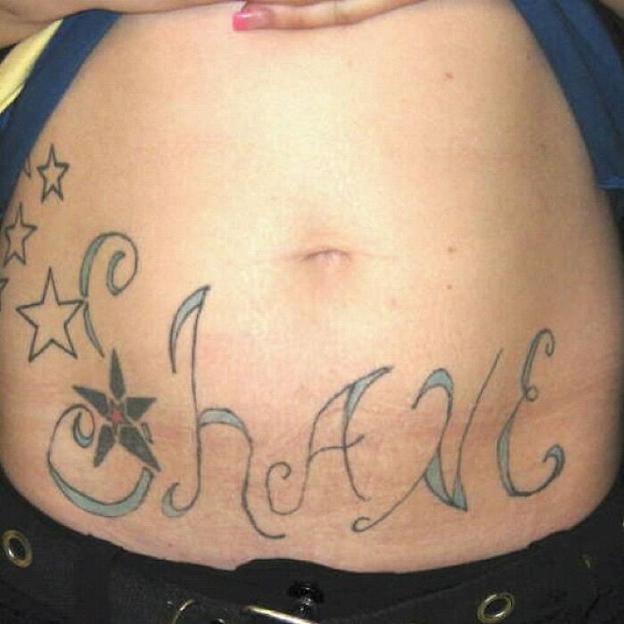 Funny worst tattoo fail on lower stomach featuring stars and a misspelled word.
