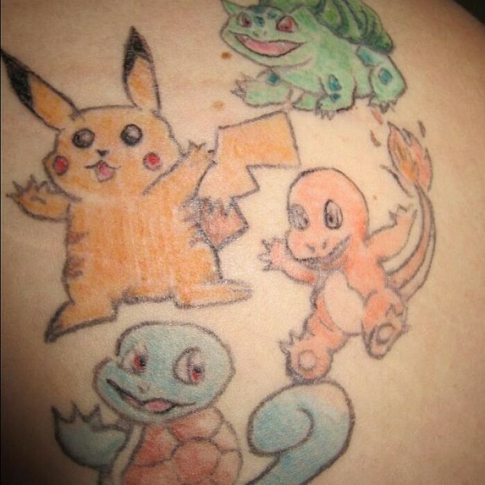 Botched tattoo of cartoon characters with funny expressions, showcasing worst tattoo fails.