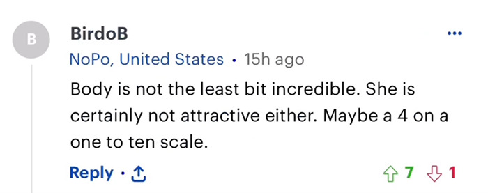 Comment criticizing body, highlighting the issue of body shaming in relation to viral bikini photos. Comment criticizing body, highlighting the issue of body shaming in relation to viral bikini photos.