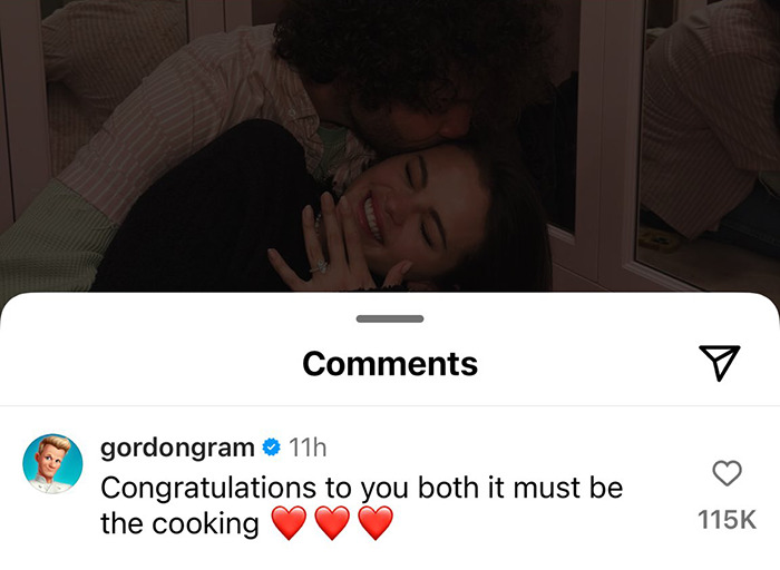 Gordon Ramsay comments on engagement with playful remark, hinting at cooking influence. Gordon Ramsay comments on engagement with playful remark, hinting at cooking influence.