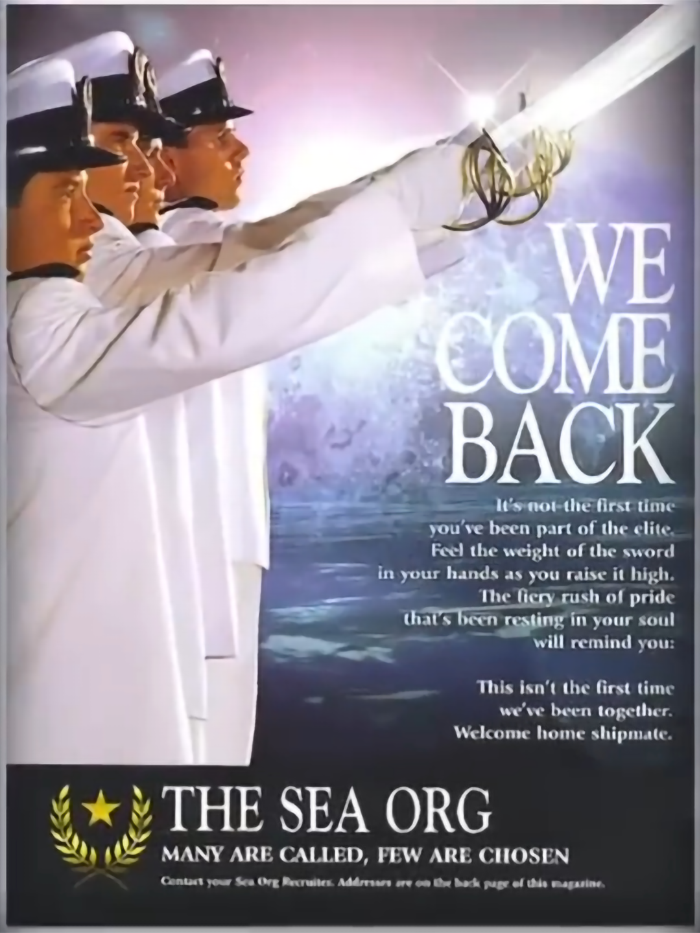 Sea Org members in uniform with text "We Come Back," discussing themes related to Scientology and brainwashing. Sea Org members in uniform with text "We Come Back," discussing themes related to Scientology and brainwashing.