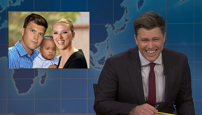 Colin Jost laughing during a segment, with an inset photo of a family, showcasing reactions to his jokes. Colin Jost laughing during a segment, with an inset photo of a family, showcasing reactions to his jokes.