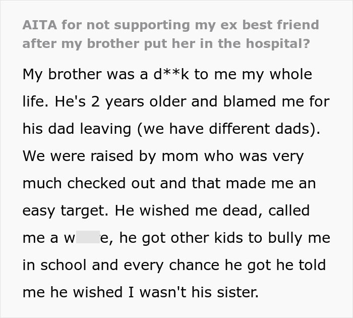 Text describing a personal story about conflict involving an ex-friend and brother, mentioned in hospital context. Text describing a personal story about conflict involving an ex-friend and brother, mentioned in hospital context.
