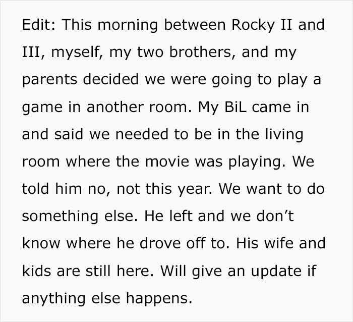 Text about siblings watching Rocky movie on Christmas instead of playing games with family. Text about siblings watching Rocky movie on Christmas instead of playing games with family.