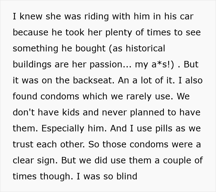 Text suggesting suspicion about a neighbour-daughter-husband affair found through car rides and unused condoms. Text suggesting suspicion about a neighbour-daughter-husband affair found through car rides and unused condoms.