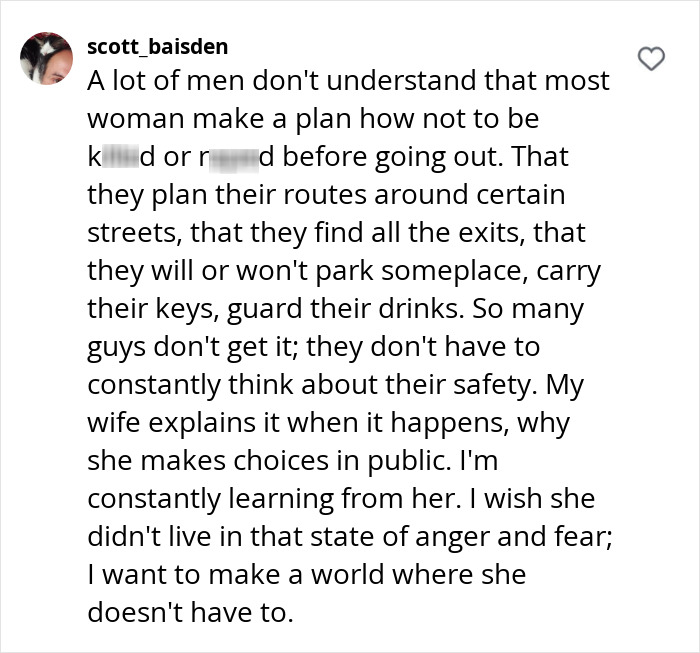 Instagram comment discussing women's safety measures in public spaces. Instagram comment discussing women's safety measures in public spaces.