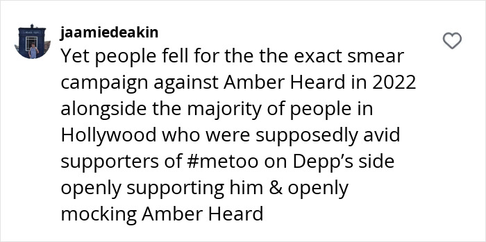 A tweet discussing Hollywood's response to Amber Heard and #MeToo supporters. A tweet discussing Hollywood's response to Amber Heard and #MeToo supporters.