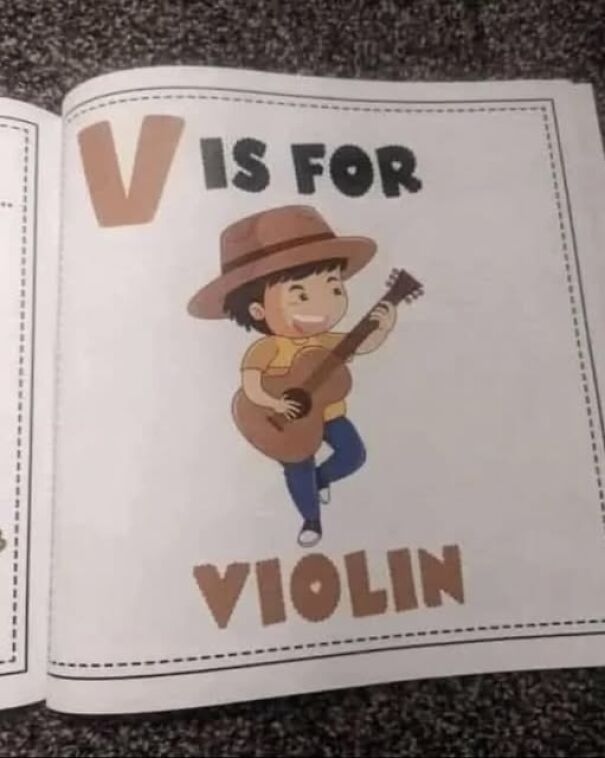 Illustration of a child with a hat playing guitar, labeled "V is for Violin," showing a weird and absurd sign.