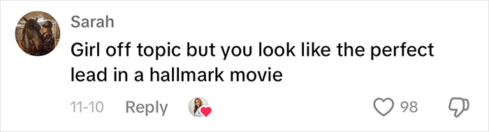 Comment complimenting a woman's look for a Hallmark movie, relating to non-famous actresses' auditioning realities. Comment complimenting a woman's look for a Hallmark movie, relating to non-famous actresses' auditioning realities.