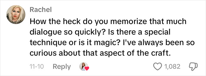 Online comment discussing the audition process for non-famous actresses, questioning dialogue memorization techniques. Online comment discussing the audition process for non-famous actresses, questioning dialogue memorization techniques.