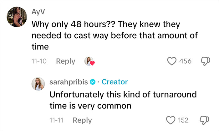 Comments discussing the quick 48-hour turnaround in a non-famous actress's auditioning process. Comments discussing the quick 48-hour turnaround in a non-famous actress's auditioning process.