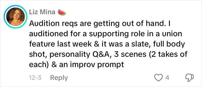 Text comment on rigorous audition requirements for non-famous actress in union role audition process. Text comment on rigorous audition requirements for non-famous actress in union role audition process.