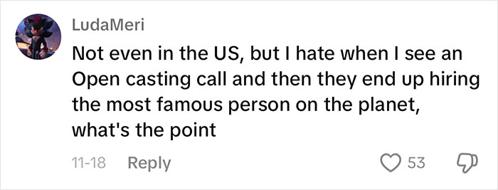 Comment about non-famous actress auditioning reality, highlighting frustration with casting famous people. Comment about non-famous actress auditioning reality, highlighting frustration with casting famous people.