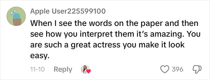 Comment praising a non-famous actress's auditioning process, emphasizing her talent and ease in acting. Comment praising a non-famous actress's auditioning process, emphasizing her talent and ease in acting.