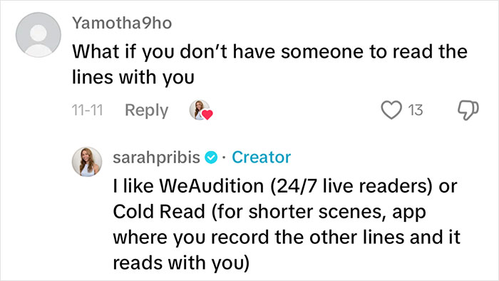 Non-famous actress shares auditioning tips, suggesting apps for reading lines with virtual partners. Non-famous actress shares auditioning tips, suggesting apps for reading lines with virtual partners.
