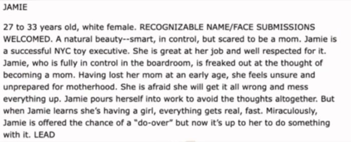 Audition call for non-famous actress role, character description for Jamie, a successful NYC executive facing motherhood. Audition call for non-famous actress role, character description for Jamie, a successful NYC executive facing motherhood.