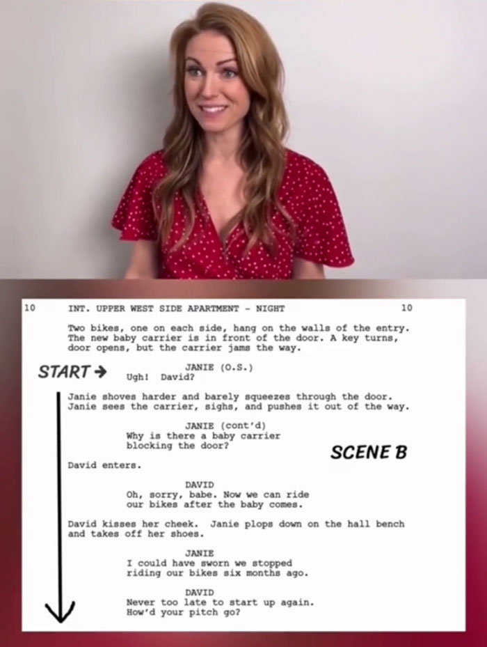 Woman in red dress discussing non-famous actress audition process with a script in the background. Woman in red dress discussing non-famous actress audition process with a script in the background.