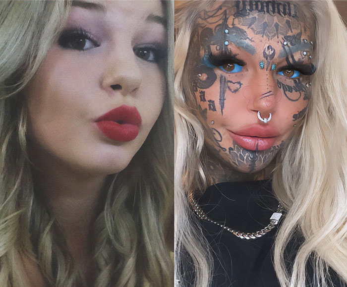 Before-and-after photos of Australia's most tattooed woman with extensive face tattoos and piercings. Before-and-after photos of Australia's most tattooed woman with extensive face tattoos and piercings.
