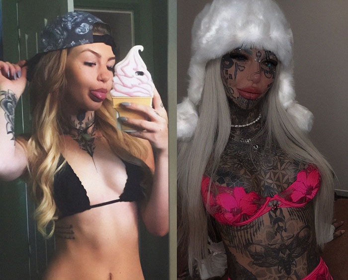 Side-by-side images of Australia's most tattooed woman before and after extensive ink transformation. Side-by-side images of Australia's most tattooed woman before and after extensive ink transformation.