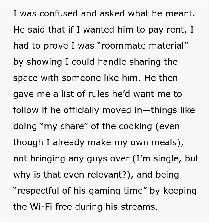 Text screenshot of a woman discussing unreasonable roommate demands and her refusal to let boyfriend move in. Text screenshot of a woman discussing unreasonable roommate demands and her refusal to let boyfriend move in.