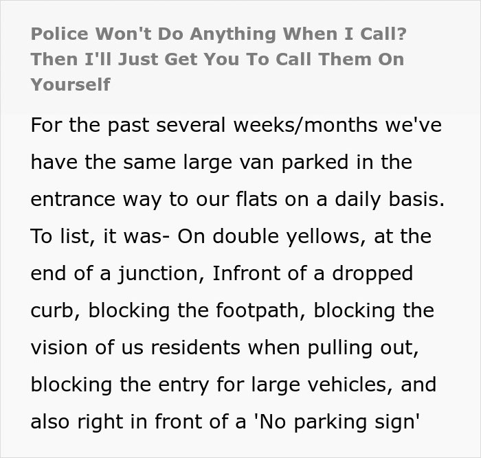 Text about a woman dealing with illegal parking problems and police inaction. Text about a woman dealing with illegal parking problems and police inaction.