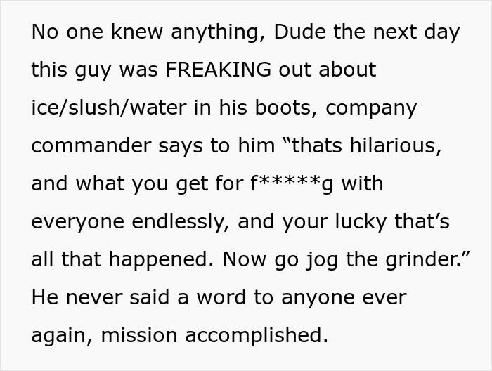 Text describing a prank revenge with water-filled boots for a guy who messed with camp mates. Text describing a prank revenge with water-filled boots for a guy who messed with camp mates.