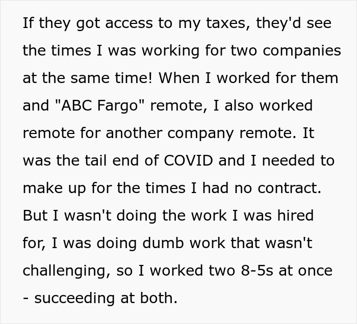 Text image revealing applicant's lies about dual remote jobs during COVID. Text image revealing applicant's lies about dual remote jobs during COVID.