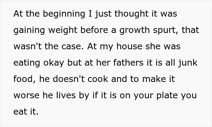 Text discussing a daughter's diet of junk food at her father's house and parental disagreement over sending her to fat camp. Text discussing a daughter's diet of junk food at her father's house and parental disagreement over sending her to fat camp.