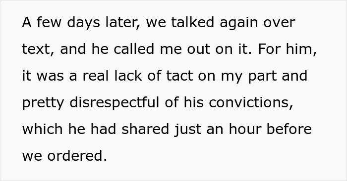 Text conversation about tactlessness after woman orders meat burger on date with vegan. Text conversation about tactlessness after woman orders meat burger on date with vegan.