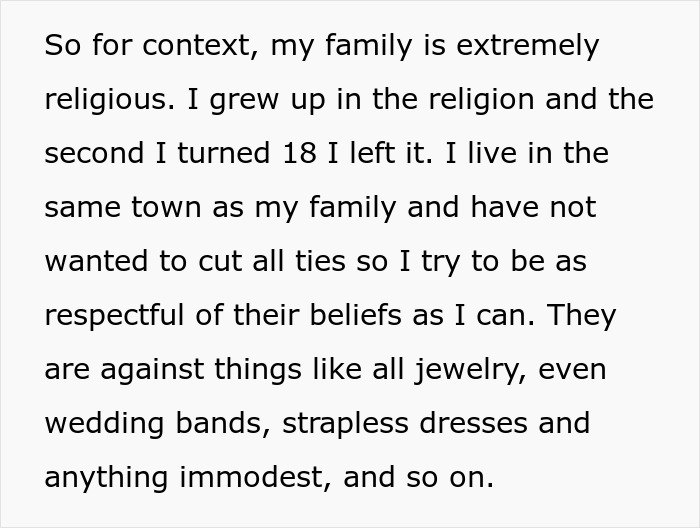 Text about religious family beliefs and modesty related to wedding customs. Text about religious family beliefs and modesty related to wedding customs.