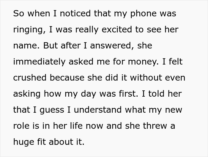 Text message expressing feeling crushed after being asked for money; discusses self-awareness. Text message expressing feeling crushed after being asked for money; discusses self-awareness.
