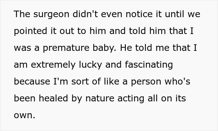 Text about being healed by nature from a rare birth defect, describing a surgeon's surprise. Text about being healed by nature from a rare birth defect, describing a surgeon's surprise.