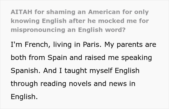 Text screenshot discussing an American mocking a mispronunciation and getting shamed in response. Text screenshot discussing an American mocking a mispronunciation and getting shamed in response.