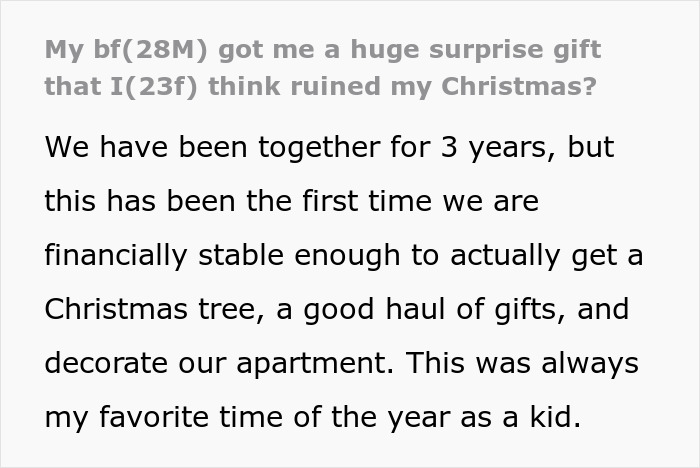 Text from a woman's perspective about a boyfriend's surprise gift causing disappointment during Christmas. Text from a woman's perspective about a boyfriend's surprise gift causing disappointment during Christmas.