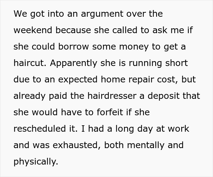Screenshot of a text exchange about a weekend argument over money for a haircut. Screenshot of a text exchange about a weekend argument over money for a haircut.