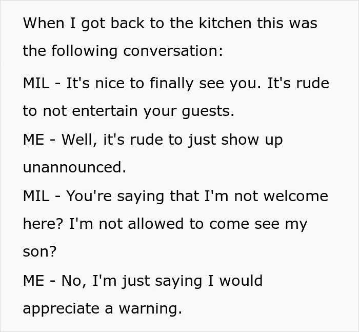 Text of a conversation about a MIL visiting unannounced and discussion on guest etiquette. Text of a conversation about a MIL visiting unannounced and discussion on guest etiquette.