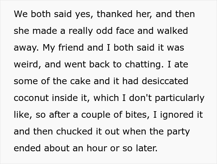 Text describing a cake with coconut at a friend's birthday party. Text describing a cake with coconut at a friend's birthday party.