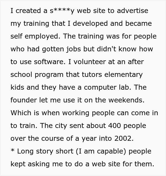 Text detailing applicant's claims about creating a website and offering software training. Text detailing applicant's claims about creating a website and offering software training.