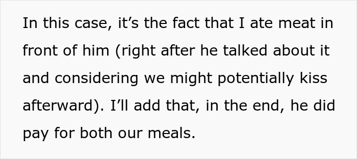 Text about a woman eating meat in front of a vegan date, with considerations on meal choices and implications. Text about a woman eating meat in front of a vegan date, with considerations on meal choices and implications.