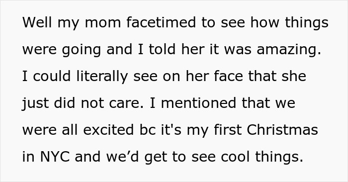 Text about a mom relationship drama, mentioning a FaceTime call and a first Christmas in NYC. Text about a mom relationship drama, mentioning a FaceTime call and a first Christmas in NYC.